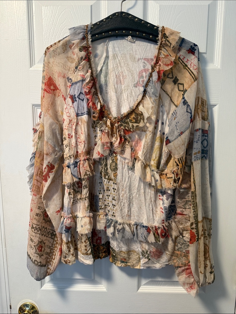 Boho Ruffle Patchwork Blouse - Multicolor